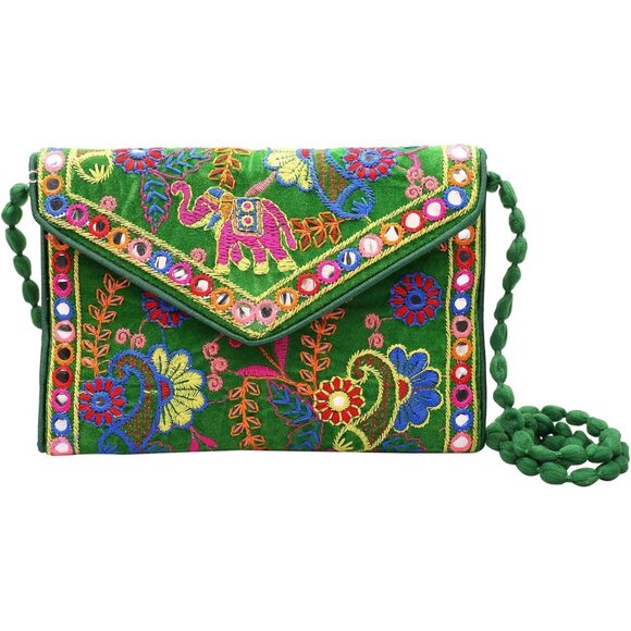 Rajasthani Embroidered Clutch Bag for Women Mini Crossbody Green Wedding Purse - Picture 1 of 6